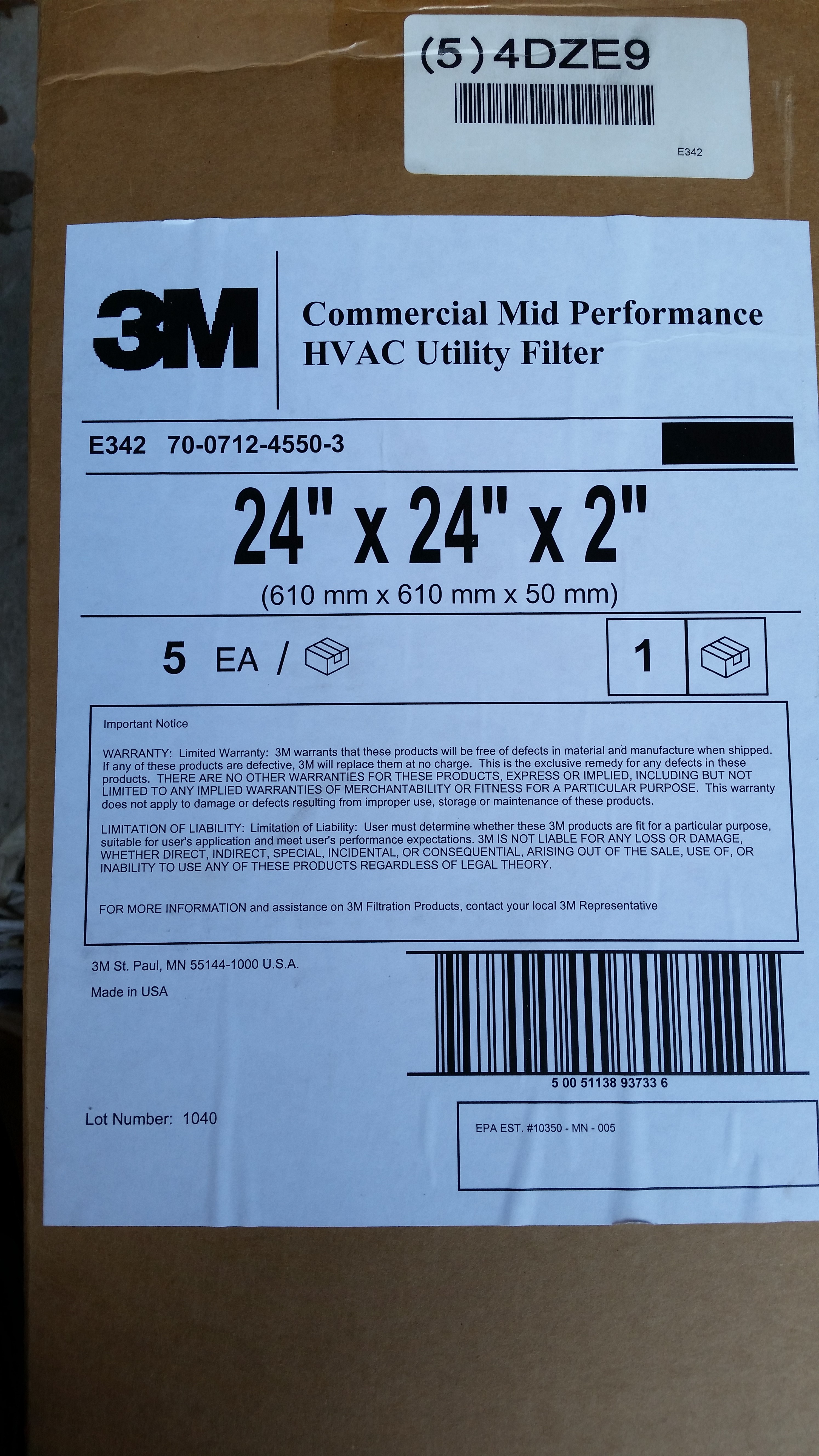 3M 24"x24"x2" HVAC Utility Filter 4DZE9 E342 70-0712-4550-3